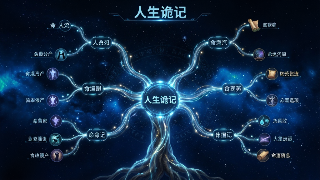 一张展示“人生诡记”剧情分支树的示意图,主体为发光的树状结构图,布局采用中心向外辐射的形态,每个分支节点标注着不同的命运选项,风格为科技感与奇幻感融合的信息图,细节包括节点间的连线带有微光流动效果,背景为深蓝色星空,画质高清,干净,无多余元素