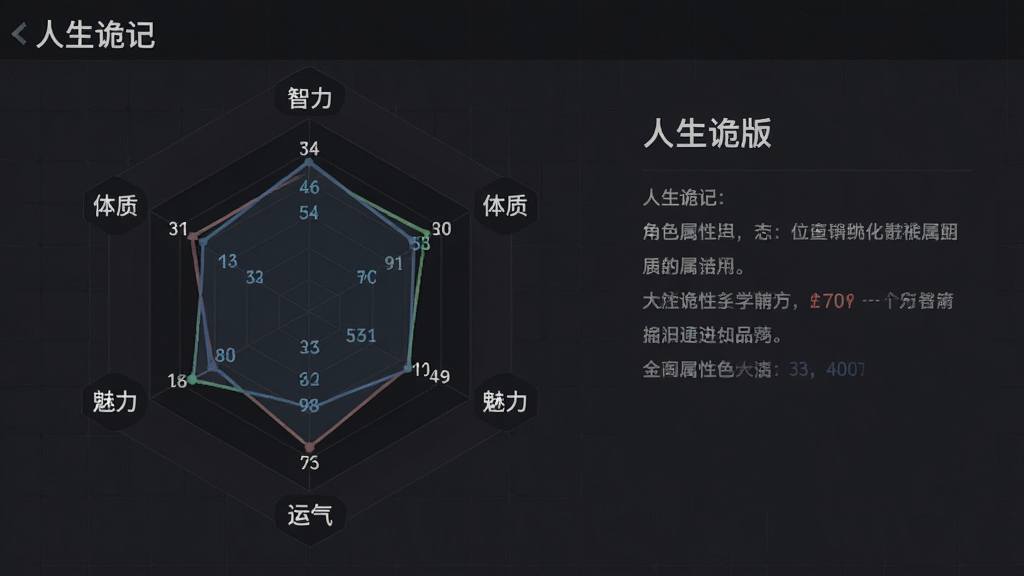 一张“人生诡记”角色属性面板的界面截图风格图,主体为六边形雷达图展示各项属性数值,布局采用左侧雷达图右侧文字说明的排版,风格为现代简约的暗色系UI设计,细节包括雷达图各顶点标注智力、体质、魅力、运气等文字,背景带有微妙的网格纹理,画质清晰,干净,无多余元素