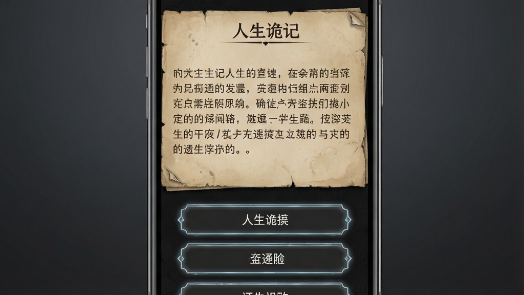 一张“人生诡记”游戏内文字剧情阅读界面的示意图,主体为手机屏幕中显示一段剧情文字与选项按钮,布局采用上方文字下方选项的经典文字游戏排版,风格为复古纸质书卷与暗色UI融合,细节包括文字排版工整,选项按钮带有微光边框,背景为深灰色渐变,画质清晰,干净,无多余元素