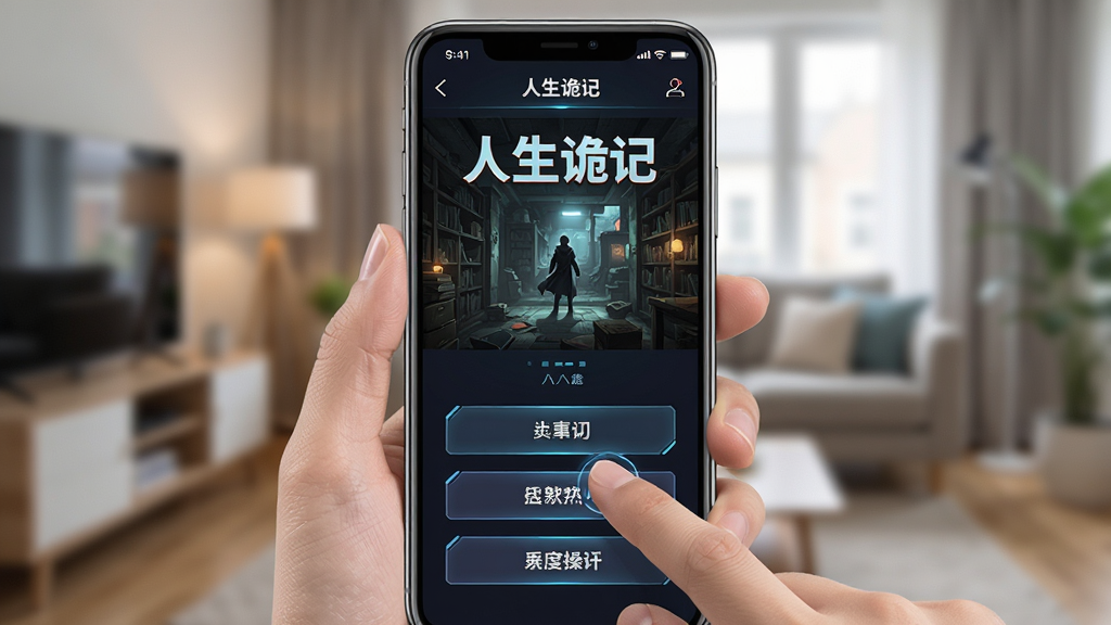 一张展示“人生诡记”手机端操作界面的示意图,主体为手持手机展示游戏主界面与选项按钮,布局采用手机正面视角居中构图,风格为现代科技感与生活场景结合,细节包括手机屏幕显示“人生诡记”游戏画面,手指正在点击选项按钮,背景为模糊的室内环境,画质清晰,干净,无多余元素