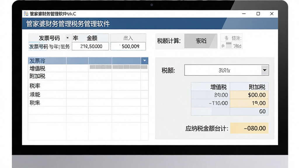 管家婆财务管理软件税务管理界面,主体为电脑屏幕显示发票录入表格与税额计算区域,布局上方为发票号码与金额,中间为税率下拉框,下方为应纳税额合计,排版规整,风格为财税专业风,细节包含“增值税”“附加税”等文字,画质高清,画面干净,无多余元素
