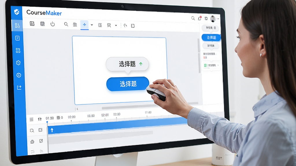 一张展示CourseMaker交互式微课制作系统可视化编辑界面的场景图,画面中一位教师正用鼠标将