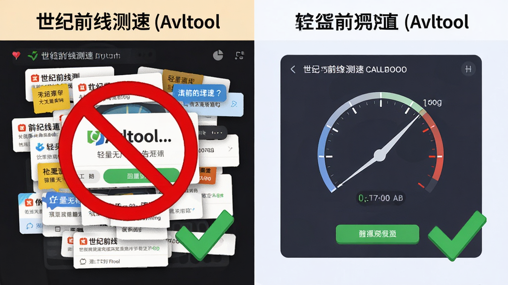 一张展示世纪前线测速(Avltool)轻量无广告体验的对比图,主体为左右分栏对比,布局为左侧杂乱广告弹窗、右侧干净测速界面,排版左右对称,风格为对比插画风,细节包括红色禁止符号、绿色对勾、清爽界面元素,画质高清,画面干净,无多余元素。