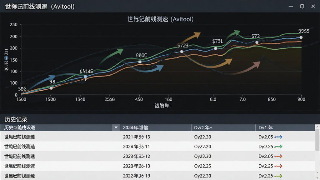 一张展示世纪前线测速(Avltool)历史记录与对比分析功能的界面图,主体为折线图与数据列表组合,布局为上方折线趋势图、下方历史记录列表,排版纵向分层,风格为数据可视化风格,细节包括时间轴、速度曲线、日期标签、对比箭头,画质清晰,画面干净,无多余元素。