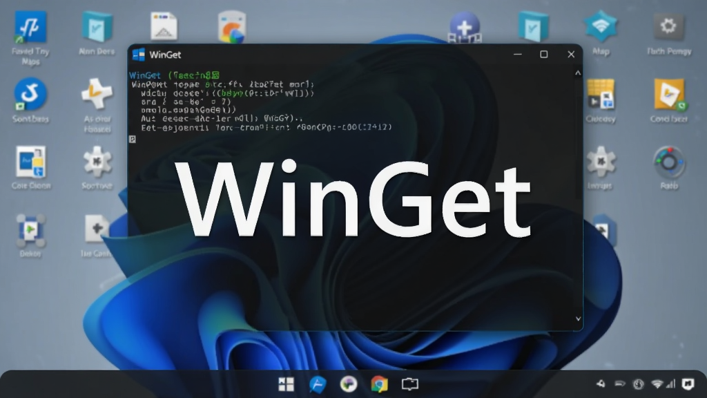 一张展示WinGet软件主界面的图片,画面中央是Windows终端窗口,窗口内显示着WinGet的命令行界面,背景是深色的Windows 11桌面,桌面图标整齐排列,整体风格简洁科技感强,画质清晰,干净无多余元素,图片中打文字“WinGet”