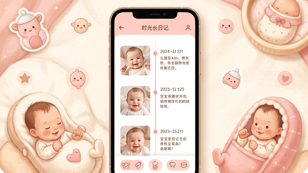 宝宝成长日记软件主界面全景展示,画面中央是手机屏幕中显示的时光轴页面,包含宝宝照片、文字记录和日期标注,周围环绕温馨的母婴元素,布局采用中心构图,排版清晰分层,风格为温暖治愈系插画风,细节包括柔和的暖色调、粉色与米色搭配、可爱的婴儿用品小图标点缀,画质高清,画面干净,无多余元素