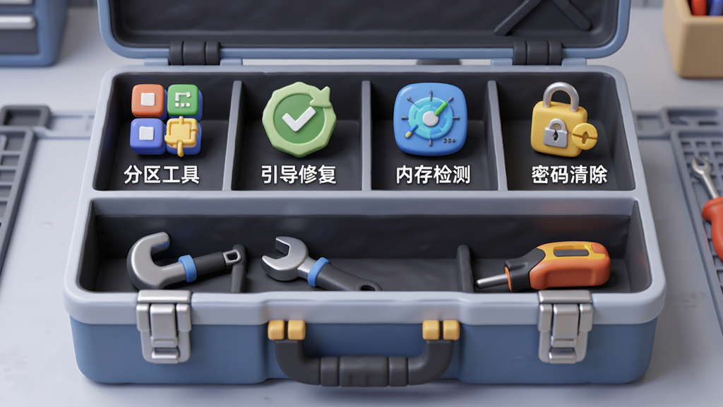 一张AI生成的图片,画面展示一个虚拟的工具箱,工具箱内部分层摆放着“分区工具”“引导修复”“内存检测”“密码清除”等图标化工具,背景为浅灰色工作台,风格整洁有序,画质清晰,干净无多余元素