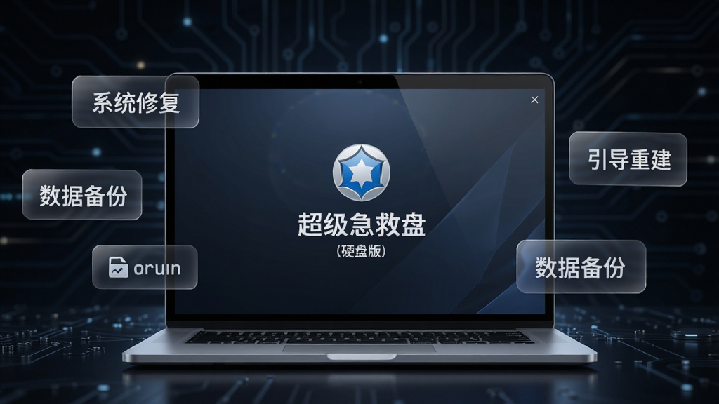 一张AI生成的图片,画面中央是一台笔记本电脑,屏幕显示超级急救盘(硬盘版)的启动画面,背景为深色科技感风格,周围漂浮着“系统修复”“数据备份”“引导重建”等半透明标签,布局简洁,风格专业,画质高清,无多余元素