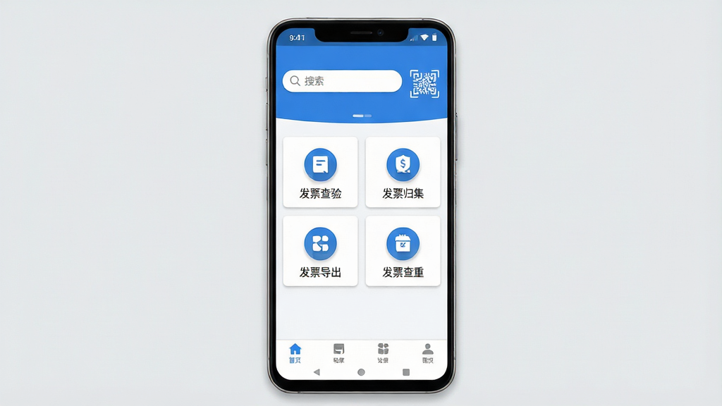 一张展示电子发票税务工具软件主界面的预览图,画面中央是一部安卓手机,手机屏幕上显示着电子发票税务工具的首页,页面顶部有搜索框和扫码入口,中部排列着发票查验、发票归集、发票导出、发票查重等功能图标,底部是导航栏,整体布局干净整洁,风格为现代扁平化设计,配色以蓝色和白色为主,细节上图标带有轻微阴影,背景为浅灰色,画质清晰,无多余元素