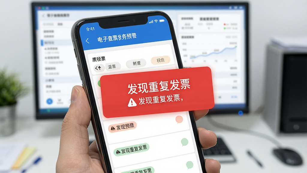 一张展示电子发票税务工具查重预警功能的示意图,画面中手机屏幕弹出一个红色提示框,提示内容为发现重复发票,背景是发票列表页面,列表项带有不同的状态标签,整体风格偏向办公实用,配色以红白蓝为主,画质清晰,无杂乱元素
