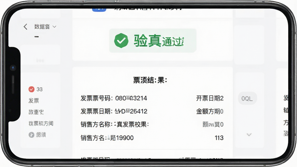 一张电子发票税务工具发票查验功能的界面截图,画面主体是手机屏幕,屏幕中央显示查验结果页面,上方有绿色的验真通过标识,下方列出票面关键信息如发票号码、开票日期、金额和销售方名称,界面风格简洁商务,背景为白色,文字清晰,画质干净,无多余装饰元素
