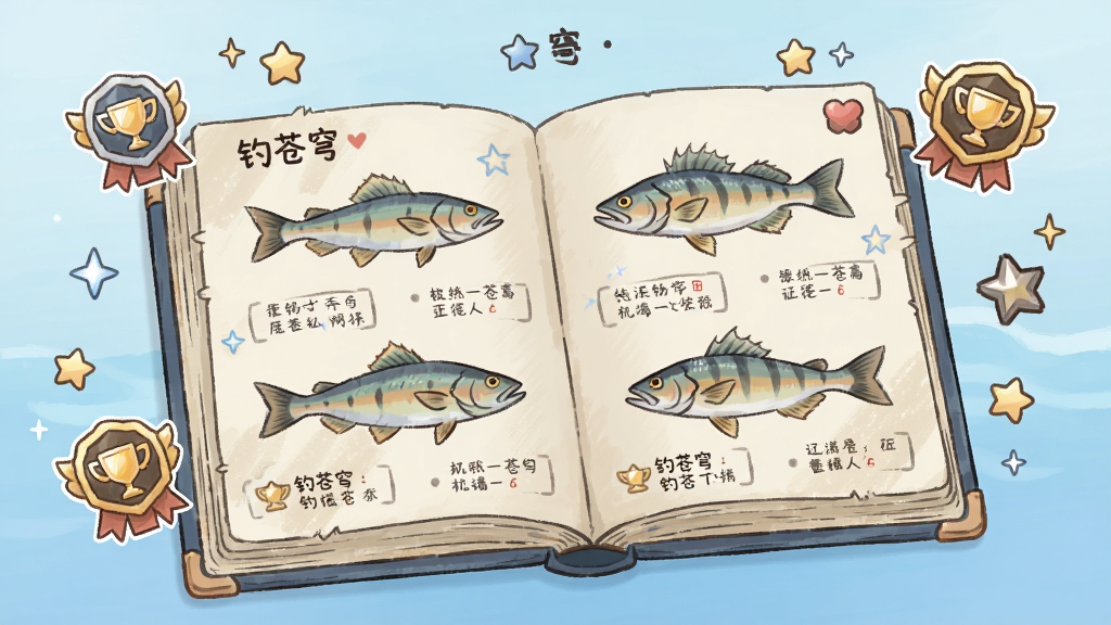 一张钓苍穹游戏内图鉴界面的插画,画面以一本展开的鱼类图鉴为中心,图鉴页面上有各种鱼类的插画和文字说明,周围漂浮着成就徽章和星星,风格为手账本风格,色调偏米黄和淡蓝,细节精致,画质干净,无多余元素,图片中带有“钓苍穹”文字