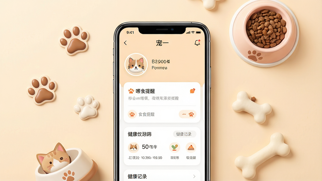 一张展示宠物生活管理软件主界面的预览图,画面中央放置一部智能手机,手机屏幕上显示着“宠一”APP的首页界面,包含宠物头像、喂食提醒卡片和健康记录模块。手机周围环绕着可爱的猫狗爪印、宠物食盆、小骨头等装饰元素。整体布局采用居中构图,背景为柔和的浅暖色调,风格清新治愈,细节精致,画质清晰干净,无多余元素。