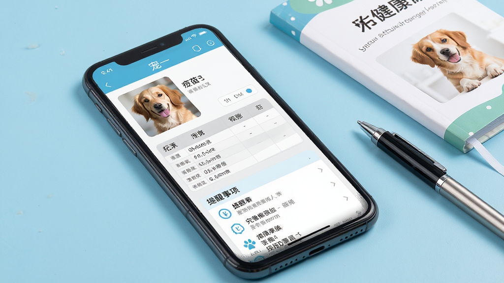 一张展示宠物健康档案与提醒功能的界面截图预览,画面主体为手机屏幕,屏幕上清晰显示“宠一”软件中的宠物档案页面,包含宠物照片、疫苗记录表格和提醒事项列表。手机旁边放置着一本宠物健康手册和一支笔,背景为干净的浅蓝色桌面。整体风格简洁明快,布局规整,细节丰富,画质高清,无杂乱元素。