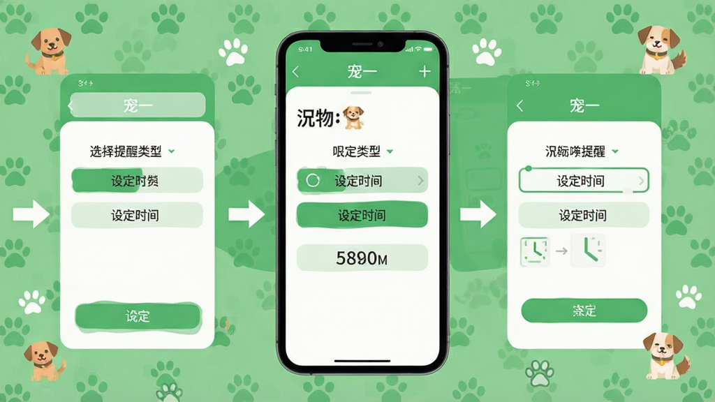 一张展示宠物日常护理提醒设置流程的示意图,画面以手机界面为主体,分步骤展示“宠一”软件中设置喂食提醒的操作路径,包含点击加号、选择提醒类型、设定时间等关键步骤。界面周围配有简洁的箭头引导和宠物小图标装饰。整体风格扁平化,配色以绿色和白色为主,布局清晰,画质干净,无多余元素。