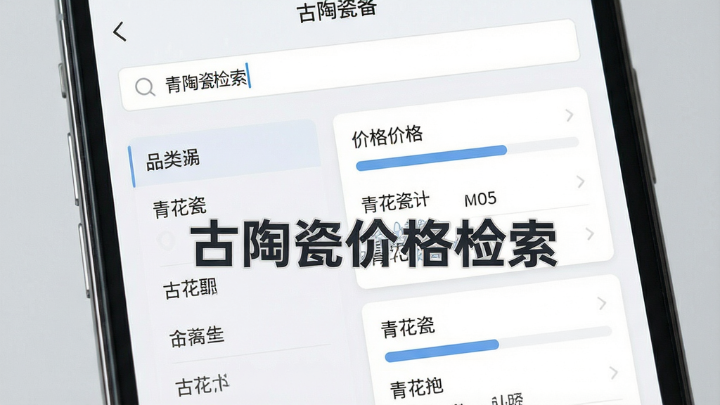 一张以古陶瓷价格检索功能为主题的AI生图,画面主体是手机屏幕特写,屏幕内展示分类检索界面,左侧为品类列表,右侧为对应价格条目,背景为柔和的浅灰色,布局采用左右分栏排版,风格简洁商务,细节上搜索框内显示“青花瓷”字样,条目以卡片形式呈现,画质清晰干净,无多余元素,图片中文字标注“古陶瓷价格检索”