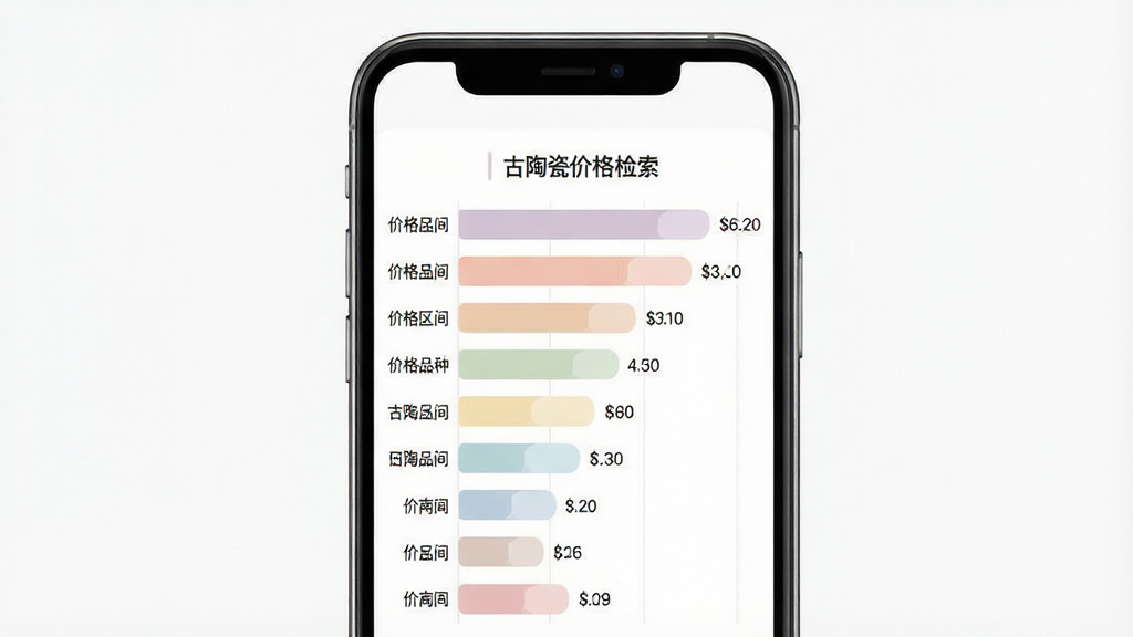 一张展示古陶瓷价格区间功能的AI生图,画面中央是一部手机,屏幕上以横向条形图的形式展示不同陶瓷品种的价格区间,条形图上方标注“价格区间”字样,背景为白色,布局采用上下结构,风格清新浅色,细节上条形图颜色柔和,数据标注清晰,画质高清干净,无多余元素,图片中文字标注“古陶瓷价格检索”
