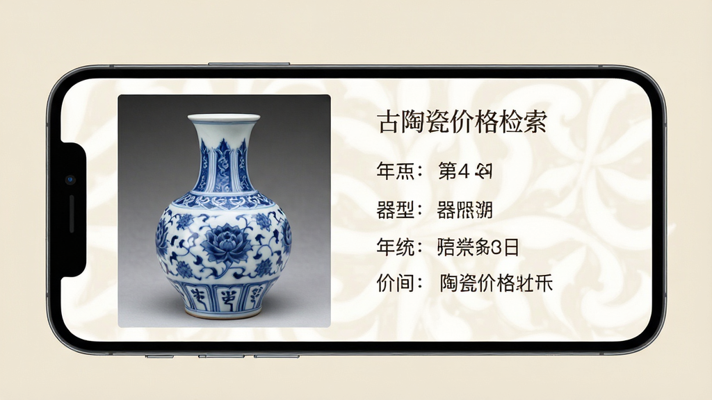 一张以古陶瓷藏品信息为主题的AI生图,画面主体是手机屏幕,屏幕内展示一件青花瓷瓶的图片和旁边的文字说明,说明文字包括年代、器型、价格区间等字段,背景为淡雅的米色,布局采用图文左右排版,风格素雅极简,细节上瓷瓶图片清晰,文字排列整齐,画质高清干净,无多余元素,图片中文字标注“古陶瓷价格检索”