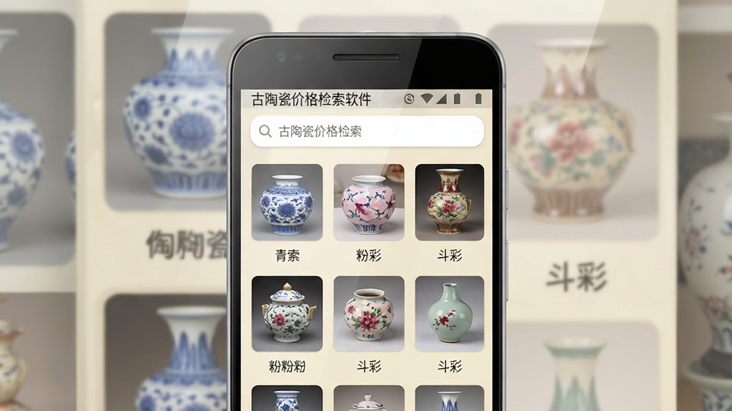 一张展示古陶瓷价格检索软件界面的手机预览图,画面中央是一部竖屏安卓手机,屏幕上显示软件首页,页面顶部有搜索框,下方排列着青花瓷、粉彩、斗彩等分类标签,背景为淡雅的米白色调,整体布局简洁清晰,风格偏向实用工具类应用,细节上手机边框圆润,屏幕反光自然,画质高清干净,无多余装饰元素,图片中文字标注“古陶瓷价格检索”