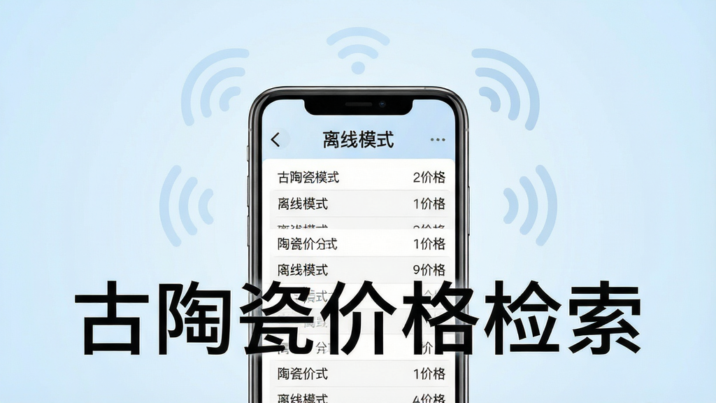 一张展示古陶瓷价格检索离线查阅功能的AI生图,画面中央是一部手机,屏幕显示“离线模式”标识和已缓存的价格列表,手机周围有微弱的信号波纹图标表示无网络,背景为浅蓝色渐变,布局采用居中构图,风格清爽素雅,细节上列表条目清晰可辨,画质高清干净,无多余元素,图片中文字标注“古陶瓷价格检索”
