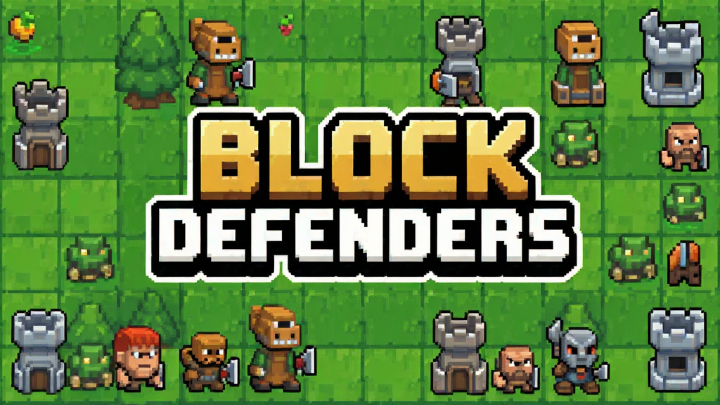 一款像素方块风格的塔防游戏主界面,画面中央是Block Defenders的游戏标题,背景是网格化的绿色草地战场,上面排列着各种方块造型的防御塔和敌人单位,画面色彩鲜明、风格卡通,布局清晰展示游戏核心玩法,整体风格为休闲像素风,细节丰富,画质清晰干净,无多余元素。
