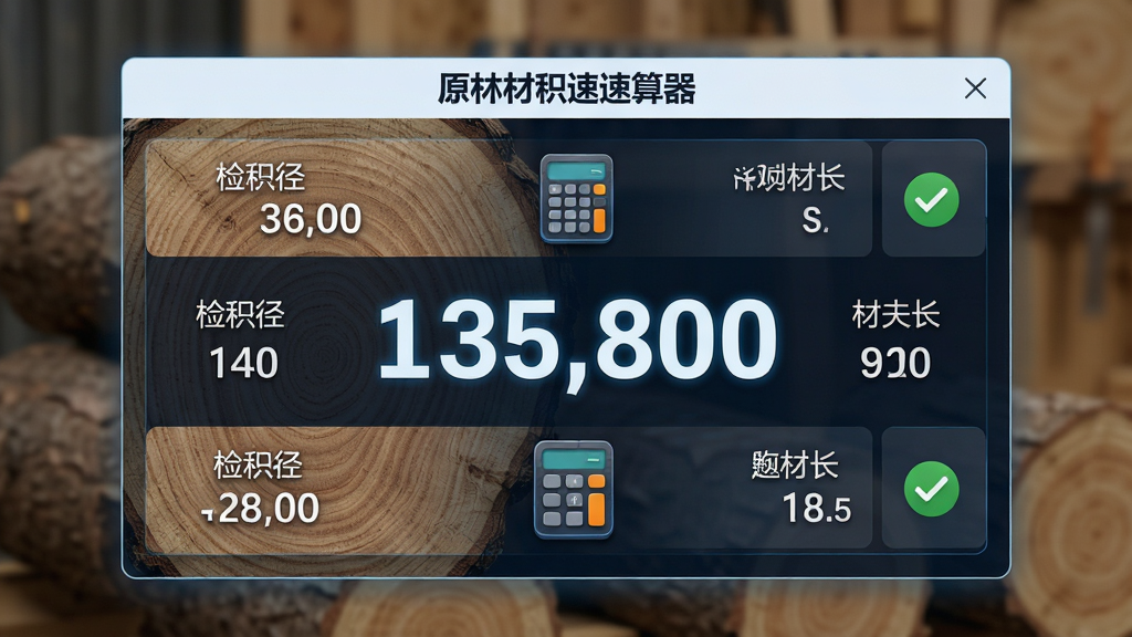 一张展示原木材积速算器精准计算功能的图片,主体为软件计算结果弹窗,布局中心为醒目的材积数字,周围环绕检尺径与材长参数,排版突出数字对比,风格为科技感数据展示,细节包含木材纹理、计算器图标、校验标记,画质清晰,干净,无多余元素
