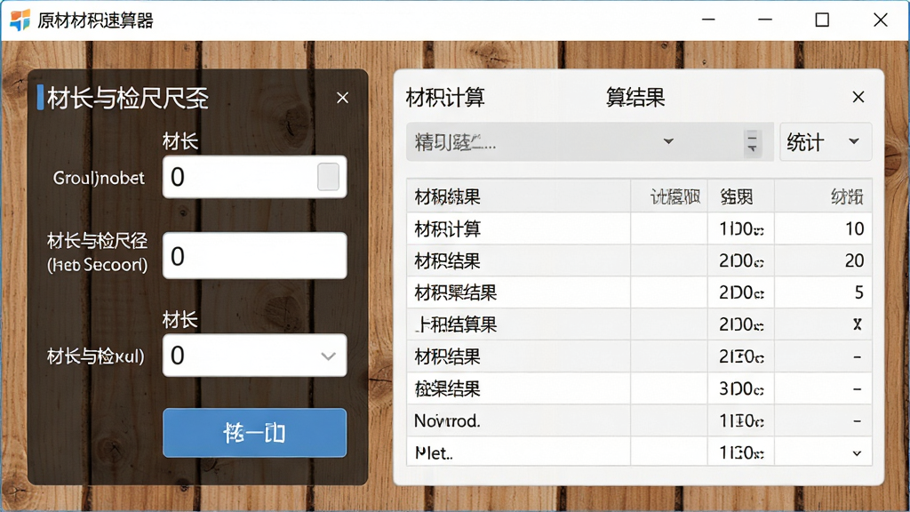 一张展示原木材积速算器软件界面的图片,主体为软件主窗口,布局左侧为材长与检尺径输入区,右侧为材积计算结果与统计列表,排版清晰,风格为现代简约的办公软件界面,细节包含木材纹理背景、数字输入框、计算按钮与结果表格,画质清晰,干净,无多余元素