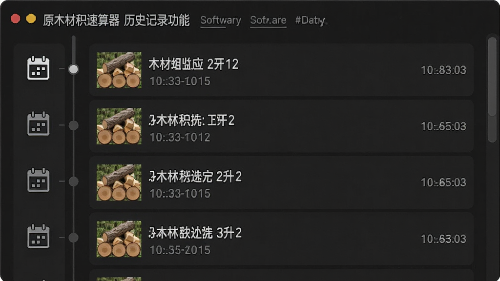 一张展示原木材积速算器历史记录功能的图片,主体为软件历史记录面板,布局为时间轴列表,排版纵向排列,风格为极简信息流,细节包含日历图标、木材条目缩略、时间戳,画质清晰,干净,无多余元素