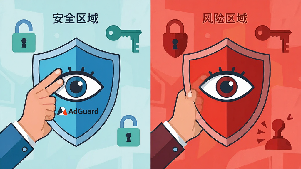 一张展示AdGuard隐私保护功能的场景图,主体为一只手拿着盾牌挡住窥探的眼睛,布局采用左右对比排版,左侧为安全区域右侧为风险区域,风格为简约插画风,细节包括盾牌上印有AdGuard标志、背景有锁和钥匙元素,画质高清,干净,无多余元素