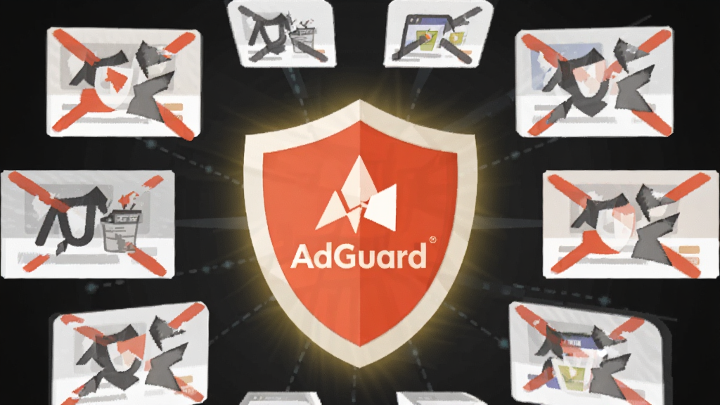 一张展示AdGuard智能广告过滤功能的示意图,主体为一个发光的盾牌图标位于画面中央,周围环绕着被拦截的广告图标,布局采用中心辐射式排版,风格为扁平化科技风,细节包括盾牌上带有AdGuard字样、广告图标呈现灰色破碎状态,画质清晰,干净,无多余元素