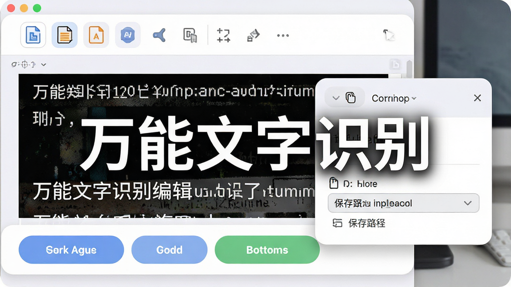 一张展示万能文字识别编辑与导出功能的图片,主体为软件界面中识别结果编辑区与导出格式选择弹窗,布局为上方编辑工具栏、中部文本内容、下方导出按钮组,排版紧凑,风格为柔和圆角,细节包括格式图标、复制按钮、保存路径选择框,画质清晰干净无多余元素,画面中文字标注“万能文字识别”