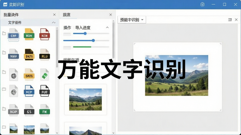 一张展示万能文字识别多格式图片导入功能的图片,主体为软件界面中批量导入图片的操作区域,布局为左侧文件列表、右侧预览窗口,排版整齐,风格为简洁商务,细节包括多种格式图标、导入进度提示、文件缩略图,画质清晰干净无多余元素,图片中文字标注“万能文字识别”