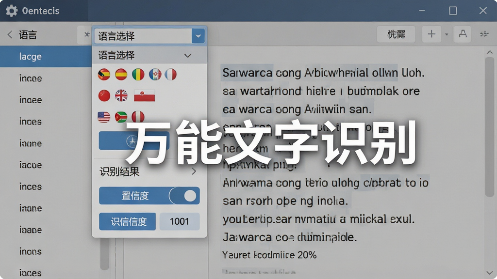一张展示万能文字识别多语言识别引擎的图片,主体为软件界面中语言选择下拉菜单与识别结果对照区,布局为左侧语言列表、右侧中英文混排识别结果,排版清晰,风格为简约商务,细节包括多国国旗图标、语言切换按钮、识别置信度显示,画质清晰干净无多余元素,画面中文字标注“万能文字识别”