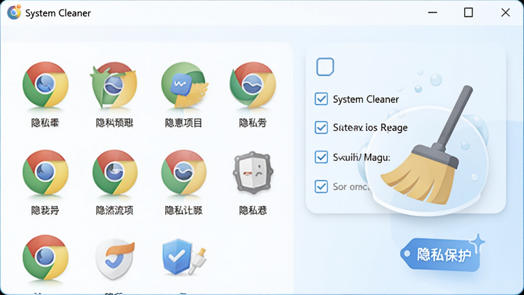 System Cleaner 隐私清理功能界面,软件窗口展示多个浏览器图标和隐私项目勾选列表,界面中包含扫帚清理图标和