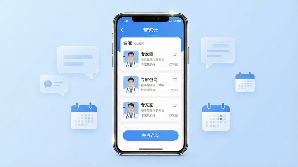 画面中央放置一部智能手机,屏幕显示“专家云”应用主界面,界面中有专家列表与在线咨询按钮,背景为简洁的浅蓝色渐变,手机两侧漂浮半透明的对话气泡与日历图标,整体布局居中对称,风格为现代扁平化科技风,细节上手机边缘有轻微高光,图标线条干净,画质清晰,画面干净,无多余元素。