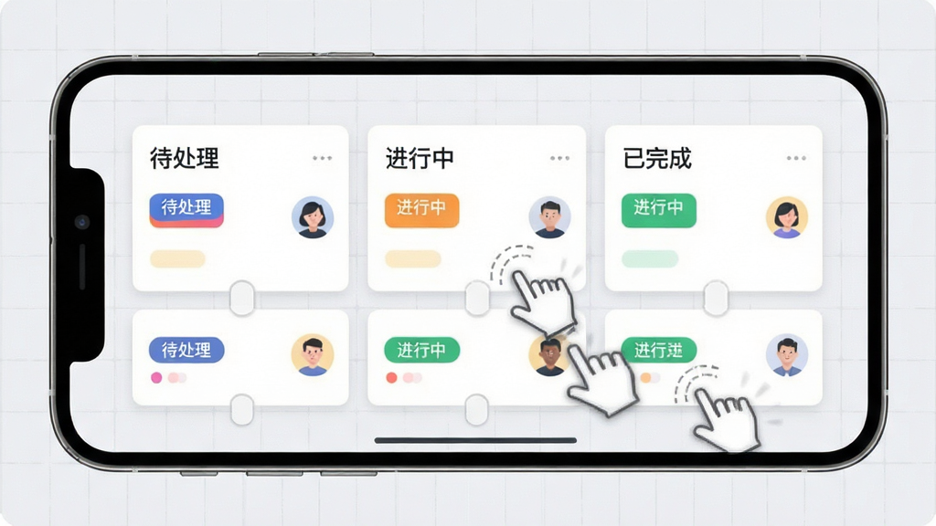 智企管理平台任务看板界面,手机屏幕横向展示三列任务卡片,分别标注待处理、进行中、已完成,卡片上有彩色标签和人物头像,背景为浅灰色网格纹理,布局居中,排版错落有致,风格为清新扁平化设计,细节包含拖拽卡片的动态手势,画质清晰,干净,无多余元素