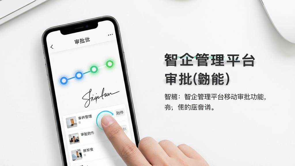 智企管理平台移动审批功能特写,画面中央为手机屏幕显示审批流程进度条,节点用圆形图标串联,旁边有手写签名区域和附件缩略图,背景为纯白色办公桌面俯视角度,布局左图右文,排版整齐,风格为写实UI展示,细节包含指尖点击屏幕的动作和状态高亮,画质清晰,干净,无多余元素