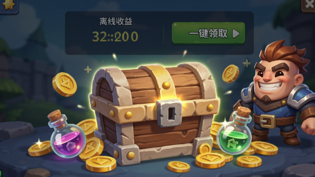 画面中央是一个发光的宝箱,宝箱周围环绕着金币与经验药水,背景是游戏内的挂机收益界面,界面中显示“离线收益”与“一键领取”按钮,画面右侧有一个笑脸英雄角色,整体布局为横版游戏截图风格,风格为卡通奇幻,细节刻画宝箱木纹与金币光泽,画质清晰,画面干净,无多余元素