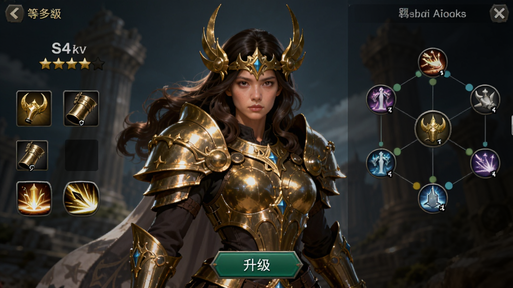 画面是英雄养成界面,画面中央是一位身披金甲的女武神英雄,英雄周围漂浮着等级、星级、装备栏与技能图标,画面右侧显示羁绊关系网,画面下方是升级按钮,整体布局为竖版游戏界面排版,风格为欧美奇幻,细节刻画英雄发丝与装备光泽,画质高清,画面干净,无多余元素