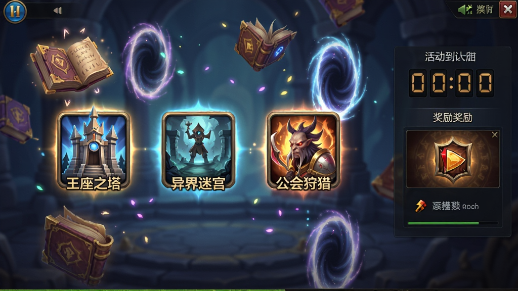 画面是游戏内的活动大厅界面,画面中央显示多个玩法入口图标,包括“王座之塔”“异界迷宫”“公会狩猎”,画面背景是漂浮的魔法书与传送门,画面右侧有倒计时与奖励预览,整体布局为游戏主界面截图风格,风格为奇幻魔法,细节刻画图标光影与背景粒子,画质高清,画面干净,无多余元素