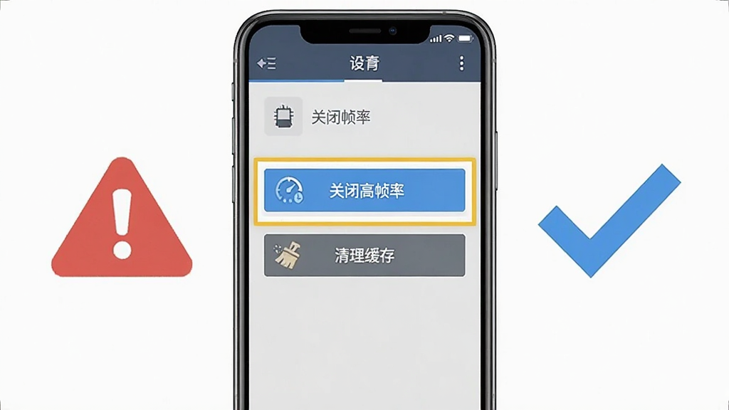 画面是手机屏幕显示游戏设置界面,界面中高亮标注“关闭高帧率”与“清理缓存”按钮,画面旁边有一个红色警告标志与一个蓝色对勾标志,整体布局为竖版手机截图风格,风格为扁平化UI,细节刻画按钮图标与文字提示,画质清晰,画面干净,无多余元素