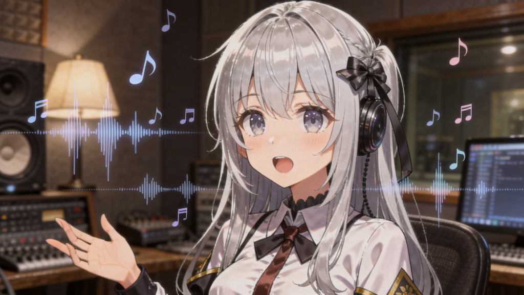 次元战纪声优配音与Live2D互动界面生图,画面中一位银发少女角色正在说话,口型同步,周围有音符与声波可视化特效,背景是录音棚风格的柔和灯光,整体氛围温馨,画质高清
