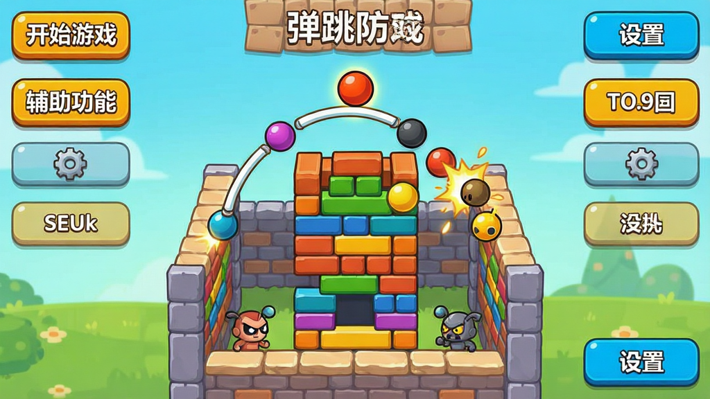 一张展示弹跳防御(中文辅助菜单)游戏主界面的图片,画面中央是一个由彩色砖块和弹跳球体组成的塔防战场,球体在墙壁间反弹击中敌人,界面四周分布着中文辅助菜单按钮,包括“开始游戏”“辅助功能”“设置”等选项,整体风格为卡通休闲,色彩明亮,布局清晰,画质干净,无多余元素