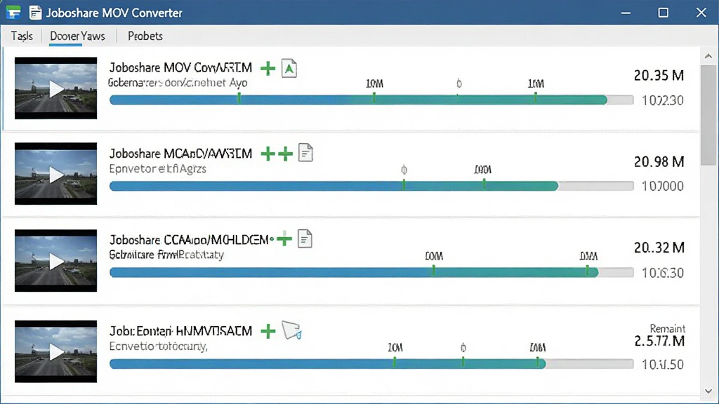 一张展示 Joboshare MOV Converter 批量转换功能的图片,主体是软件任务队列界面,布局为纵向排列的多个视频文件条目和实时进度条,排版整齐有序,风格为商务简约风,细节包括文件名、转换状态图标、剩余时间提示,画质高清,画面干净,无多余元素