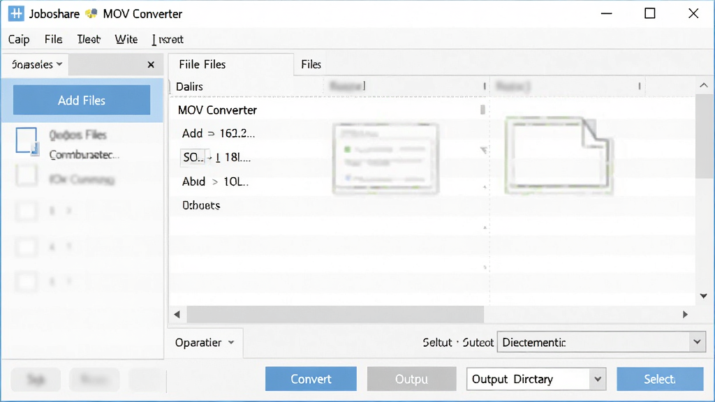 一张展示 Joboshare MOV Converter 简洁操作界面的图片,主体是软件主窗口全景,布局为顶部菜单栏、中部文件列表、底部操作按钮,排版清爽直观,风格为现代扁平化,细节包括添加文件按钮、转换按钮、输出目录选择框,画质高清,画面干净,无多余元素