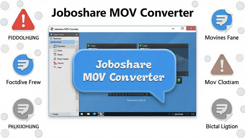 一张展示 Joboshare MOV Converter 新手操作提示的图片,主体是软件界面叠加提示气泡,布局为中心软件窗口、四周环绕注意事项图标,排版清晰易读,风格为友好教学风,细节包括红色警告标识、蓝色提示标识、灰色说明文字,画质高清,画面干净,无多余元素