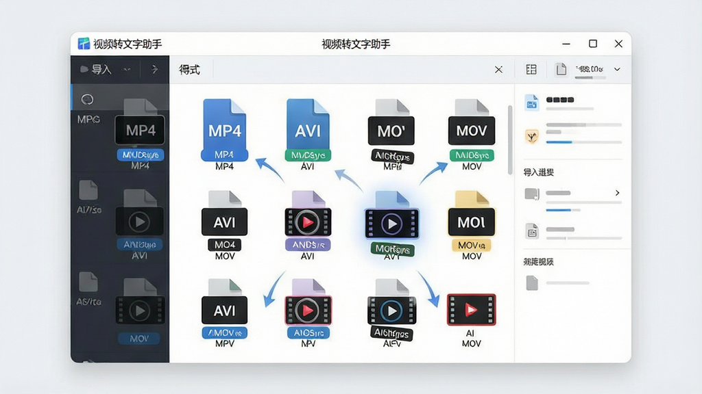 一张展示视频转文字助手多格式导入功能的图片,画面中软件窗口内排列着多个不同格式的视频文件图标,包括MP4、AVI、MOV等,文件正被拖入软件界面,界面显示“视频转文字助手”标题,布局采用分栏式设计,排版整齐,风格为现代简约科技风,细节包括文件格式标签和导入进度提示,画质清晰,干净无杂乱元素