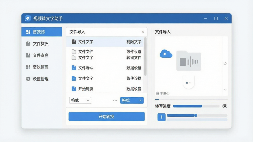 一张展示视频转文字助手软件界面的图片,画面中央是软件主窗口,左侧为功能导航栏,右侧为文件导入区域和转写进度条,窗口上方显示软件名称“视频转文字助手”,整体布局清晰,排版简洁,采用扁平化设计风格,细节包括文件列表、格式选项按钮和开始转换按钮,画质清晰,干净明亮,无多余元素