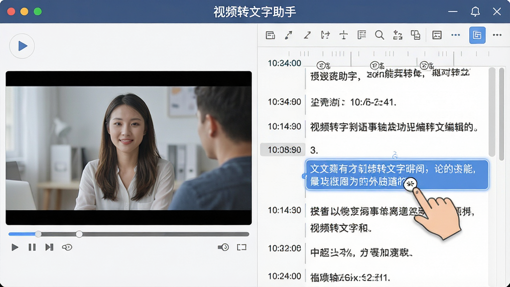 一张展示视频转文字助手时间轴对照编辑功能的图片,画面中软件界面分为左右两部分,左侧是视频播放窗口,右侧是带时间戳的文字稿件列表,文字段落旁显示时间码,用户正在点击某段文字,界面顶部有“视频转文字助手”标识,布局对称,排版清晰,风格为专业办公软件风,细节包括播放控制条、文字高亮选中状态和编辑工具栏,画质清晰,干净整洁