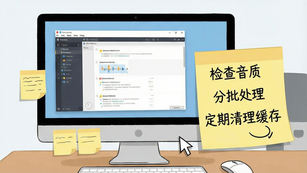 一张展示视频转文字助手使用技巧的图片,画面中电脑屏幕上显示软件操作界面,旁边有便签纸标注着“检查音质”“分批处理”“定期清理缓存”等文字提示,整体布局为桌面场景,排版自然,风格为实用教程插图,细节包括软件窗口、便签和鼠标指针,画质清晰,干净无杂乱背景